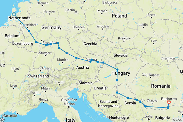 Carte du circuit Amsterdam à Bucarest - Découvrez le Rhin, le Main et le Danube 2026