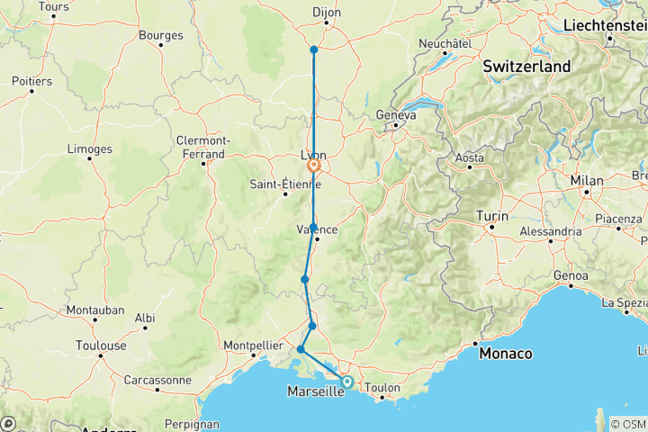 Map of Sensations of Lyon & Provence 2024|2025|2026 - 8 Days (from Marseille to Lyon)
