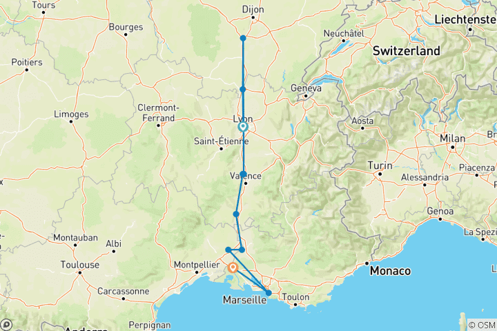 Carte du circuit Bourgogne et Provence (2026) (Lyon à Arles, 2026)