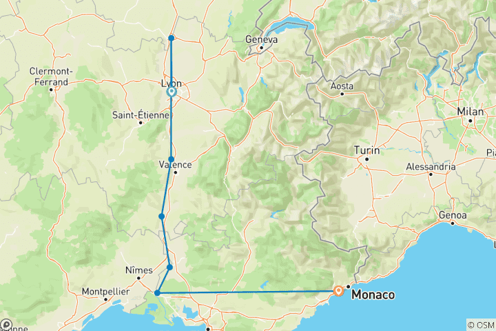 Carte du circuit Sensations de Lyon et de la Provence avec Nice 2026
