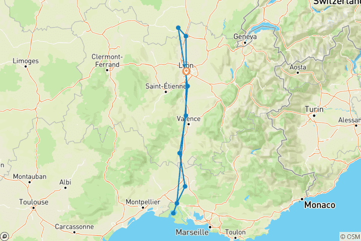 Carte du circuit De la Bourgogne à la Camargue le long de la Saône et du Rhône (croisière de port à port)