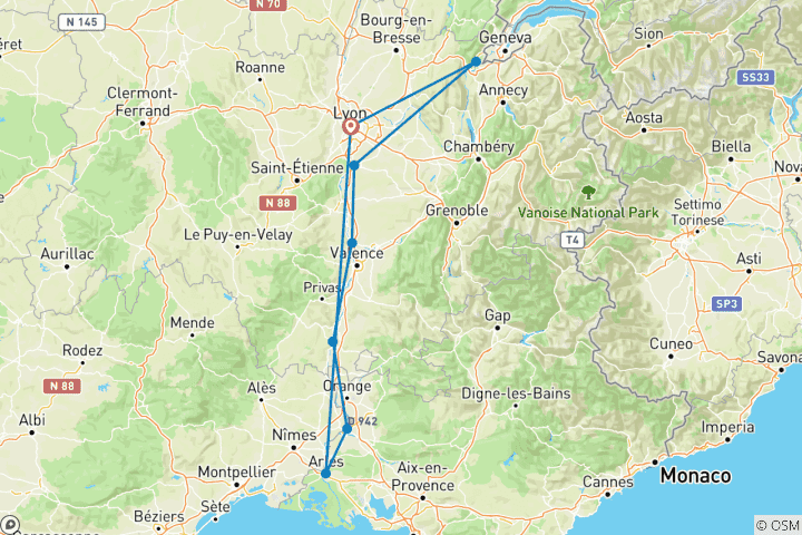 Carte du circuit Tous les sites incontournables du Rhône entre Lyon, la Provence et la Camargue avec un dîner au restaurant Abbaye de Collonges de Paul Bocuse OFFERT (y compris Vienne)