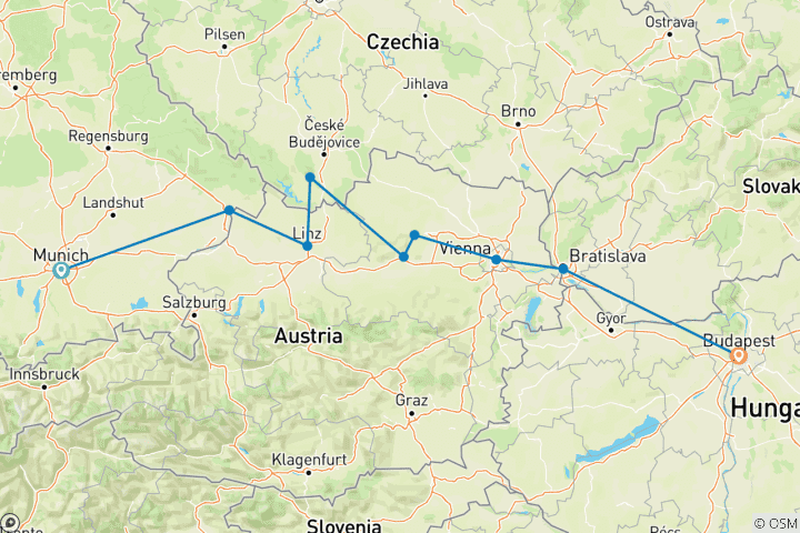 Map of Danube Explorer 2026|2025 - 8 Days (from Munich to Budapest)