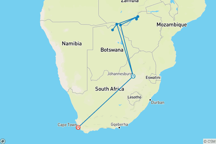 Carte du circuit Flamme de l'Afrique australe : Une croisière de luxe, un voyage en train et une excursion d'une vie