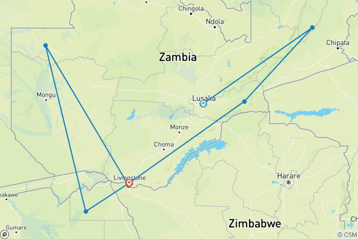 Map of 【Zambia】12-Day Luxury South Luangwa, Lower Zambezi & Victoria Falls Safari Tour Package