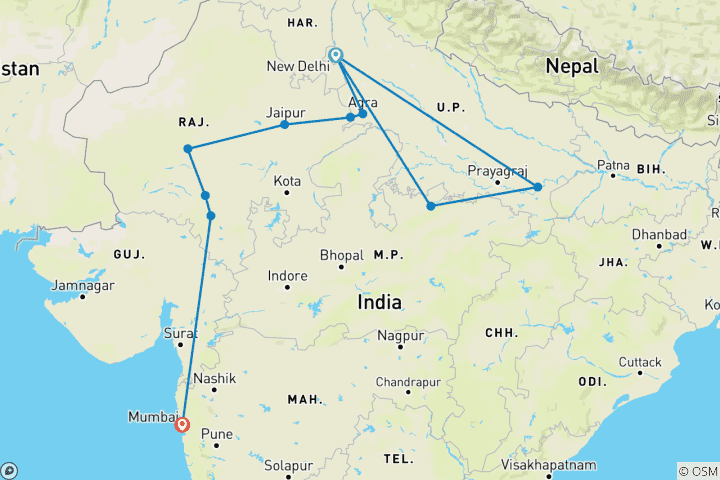 Map of Colors of India's Golden Triangle & Rajasthan with Varanasi & Khajuraho