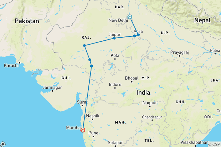 Carte du circuit Couleurs du Triangle d'or de l'Inde et du Rajasthan