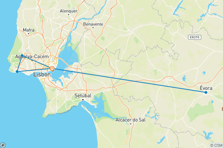 Carte du circuit 5 jours à Lisbonne : Culture, côtes et villes charmantes