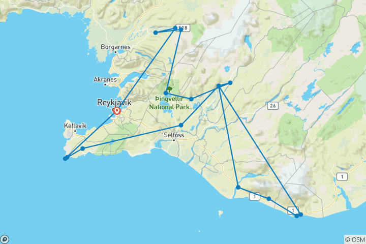 Carte du circuit 7 jours dans la gracieuse Islande du sud-ouest
