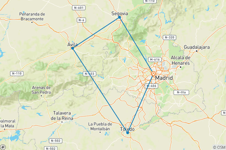 Map of Segovia, Avila and Toledo in 2 days from Madrid
