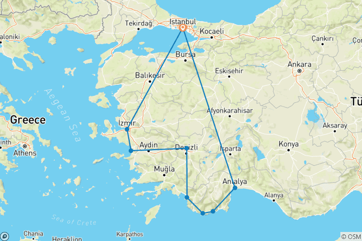 Map of Blue Voyage & Cultural Treasures of Turkey – 8 Days of Discovery from Istanbul to the Turquoise Coast