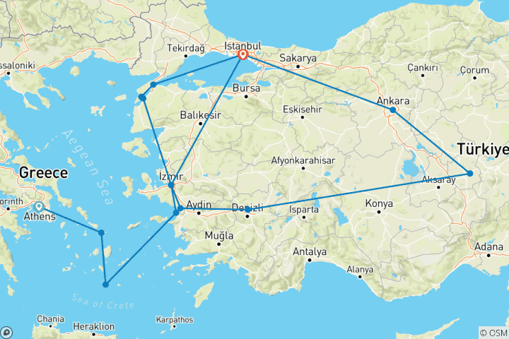 Carte du circuit Athènes, îles grecques et Turquie - 14 jours