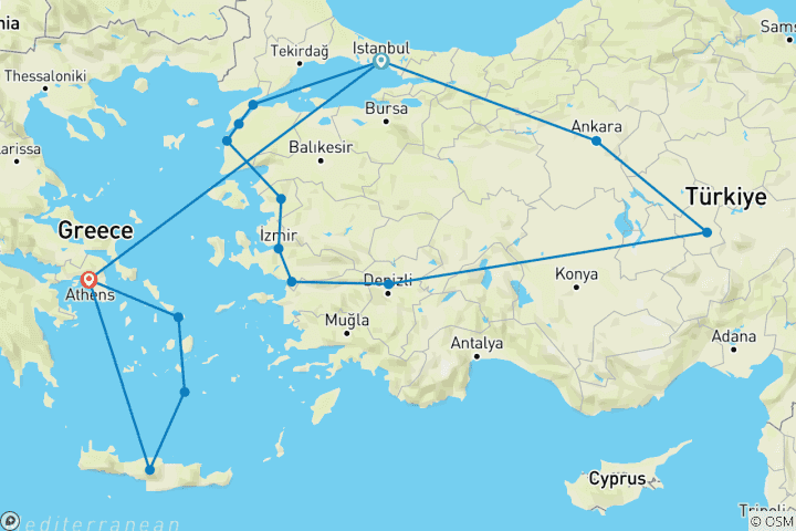 Carte du circuit De la Turquie à Athènes et aux îles grecques - 18 jours