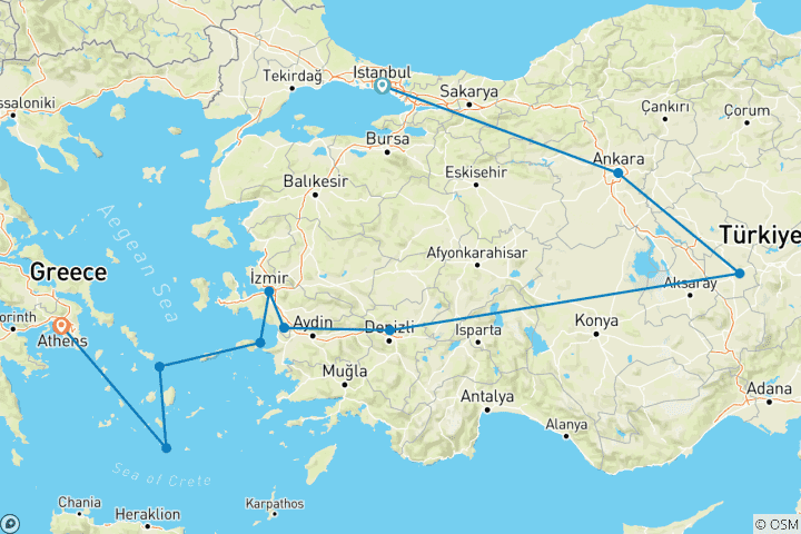 Mapa de Estambul a Capadocia, Santorini y Atenas - 15 días