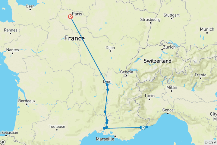 Map of Nice to Paris & Sensations of Lyon and Provence 2026