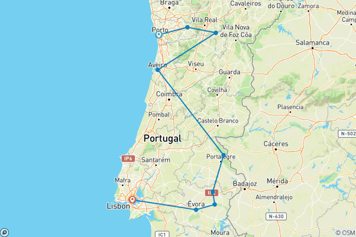 Carte du circuit Les charmes du Portugal d'antan avec la vallée du Douro, l'Alentejo et Lisbonne (de Porto à Lisbonne) (2026)