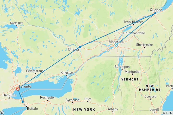 Carte du circuit Voyage à l'Est de Montréal à Toronto