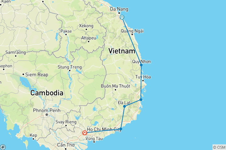 Kaart van Fietsen langs de kust van Vietnam: Hoian naar Saigon 7 dagen