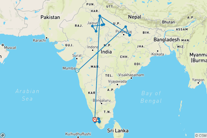 Kaart van Hoogtepunten van India van noord naar zuid