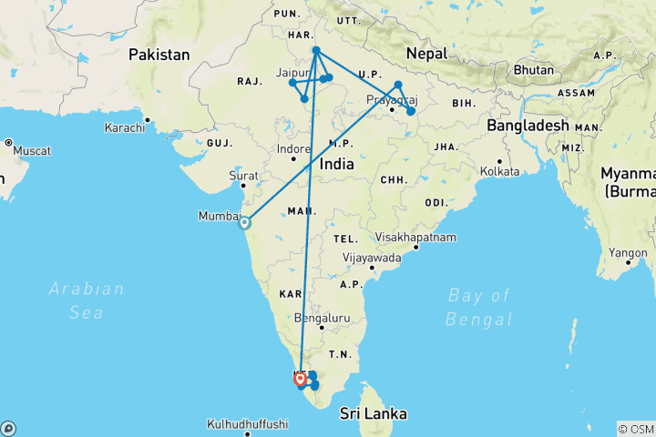 Kaart van Hoogtepunten van luxe India van noord naar zuid