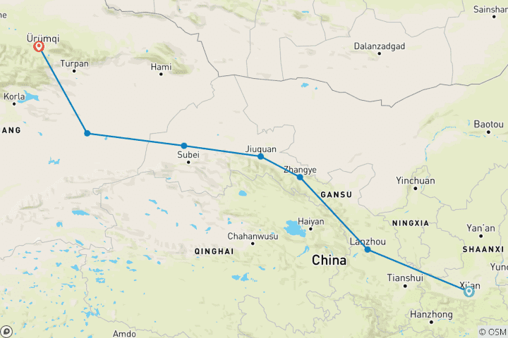Map of 12 Days Classic China Silk Road Tour from Xian to Urumqi
