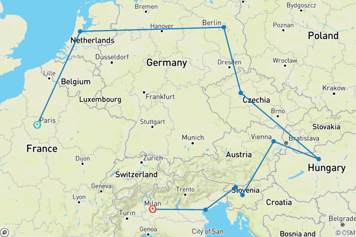 Carte du circuit Découvrez l'Europe en train - de Paris à Milan