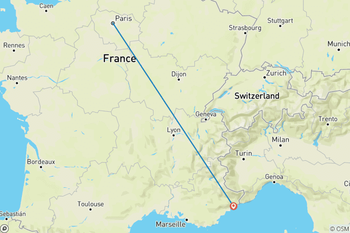 Map of 7 Day France- Paris And Nice by Train including Monaco And Versailles