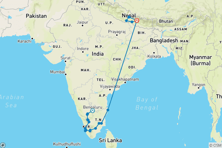 Kaart van Luxe Zuid-India met Nepal