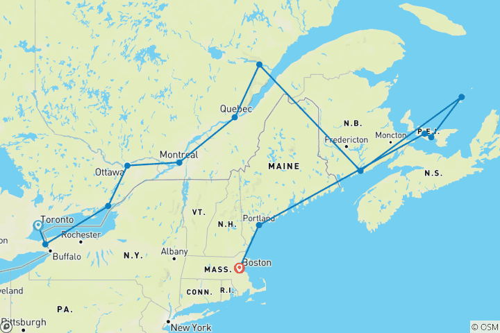 Map of Eastern Highlights & New England Cruise 2026 - 15 Days (13 destinations)
