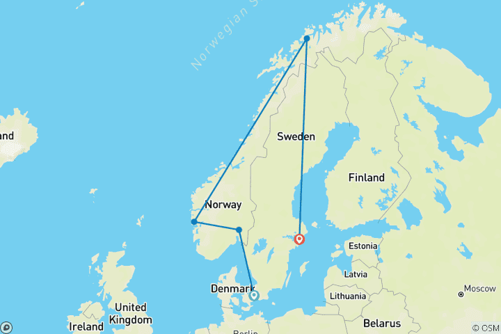 Carte du circuit Aventure des aurores boréales en Scandinavie : 10 jours au Danemark, en Norvège et en Suède