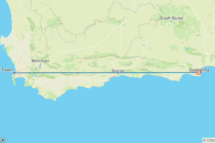 Carte du circuit 8 jours de safari sans paludisme au départ du Cap, départ quotidien