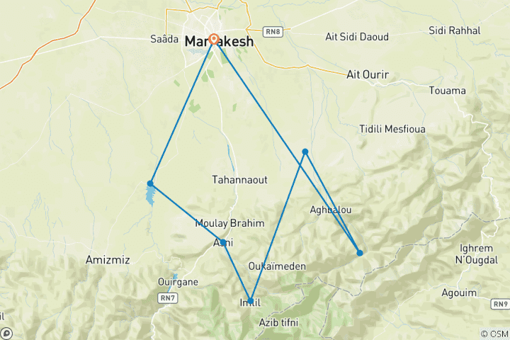 Map of Atlas Mountains Cycling Adventure – 5 Days / 4 Nights