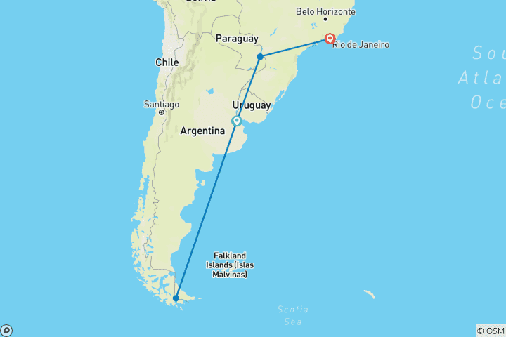 Map of Highlights of Antarctica, Argentina and Brazil - Cruise & Land Journey 2025 - 22 Days