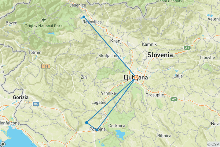 Carte du circuit Ljubljana avec le château de Predjama, la grotte de Postojna, le lac de Bled et le château de Ljubljana - 5 jours