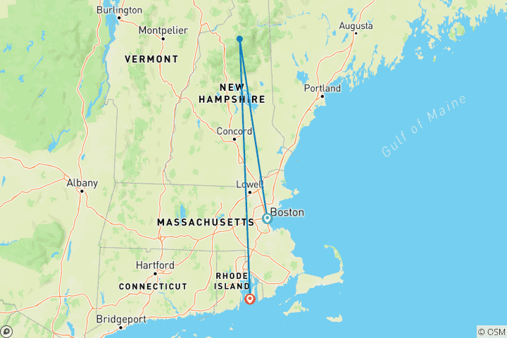 Map of New England Holiday featuring the historic Omni Mount Washington Resort (Boston, MA to Newport, RI)