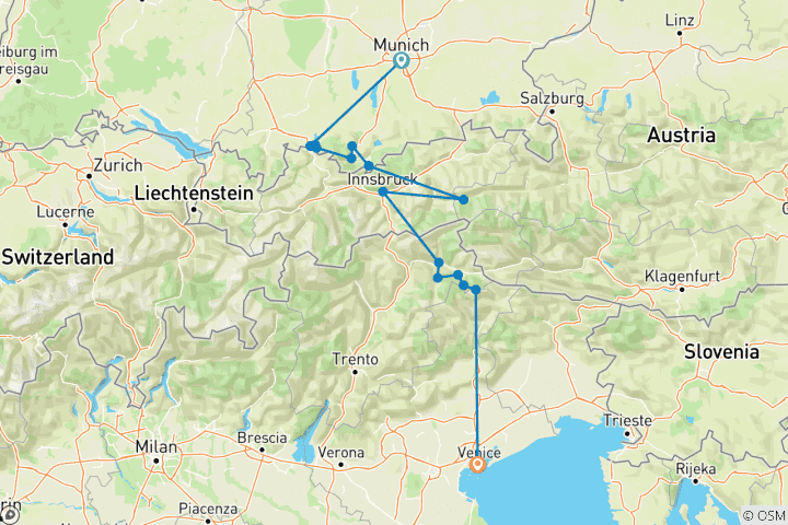 Carte du circuit De Munich à Venise : un voyage à travers les Alpes