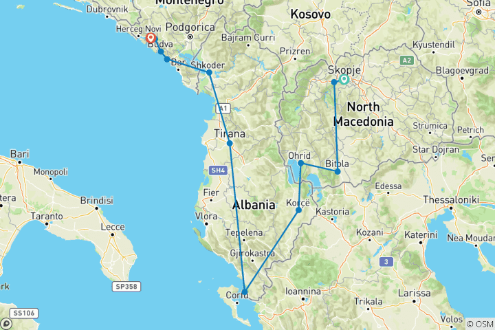 Karte von Balkan - 14 Tage Erlebnis-Reise (von Skopje bis Tivat)
