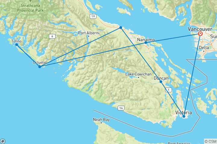 Carte du circuit Aventure sur l'île de Vancouver - 5 jours