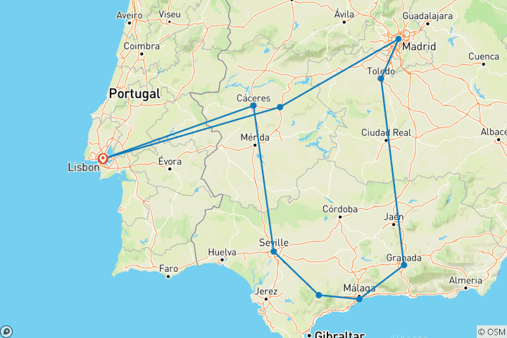 Map of Lisbon to Andalucia Loop - 7 days