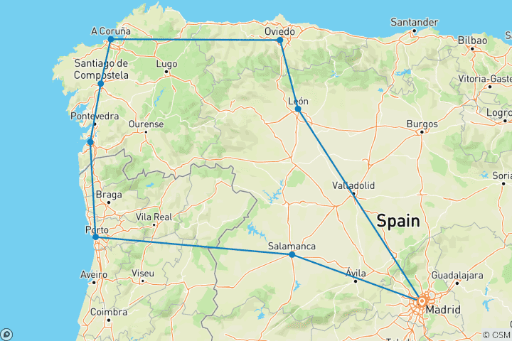 Carte du circuit Madrid, Santiago et Porto - 6 jours