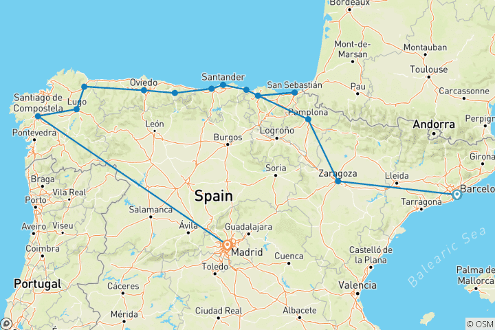 Carte du circuit Barcelone et le nord de l'Espagne jusqu'à Madrid - 10 jours
