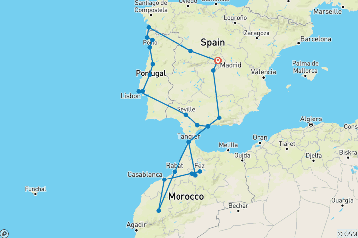 Carte du circuit Espagne, Portugal et Maroc - 18 jours