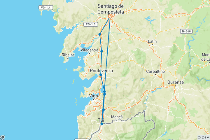 Carte du circuit Camino de Santiago Le chemin portugais - 8 jours