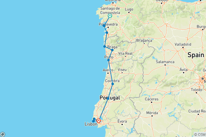 Kaart van Ontdekkingstocht van Santiago naar Lissabon - 8 dagen