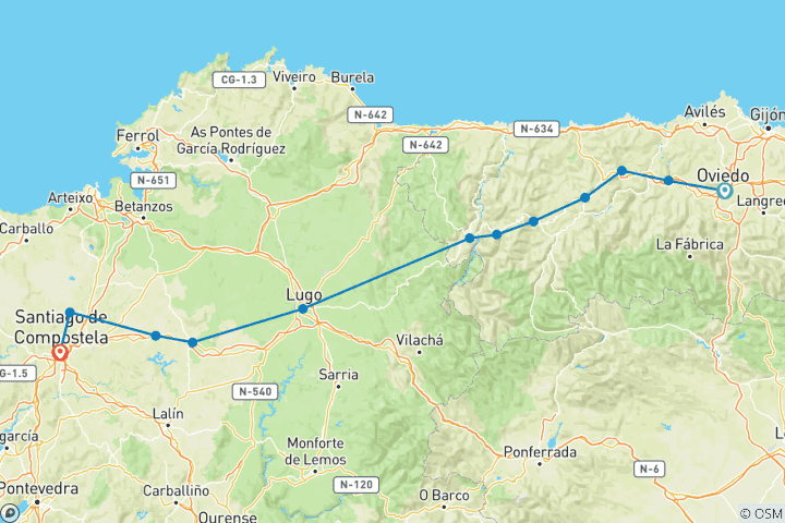 Map of Camino de Santiago From Oviedo - 16 days