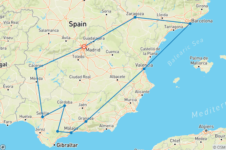 Kaart van Madrid naar de Middellandse Zee - 9 dagen