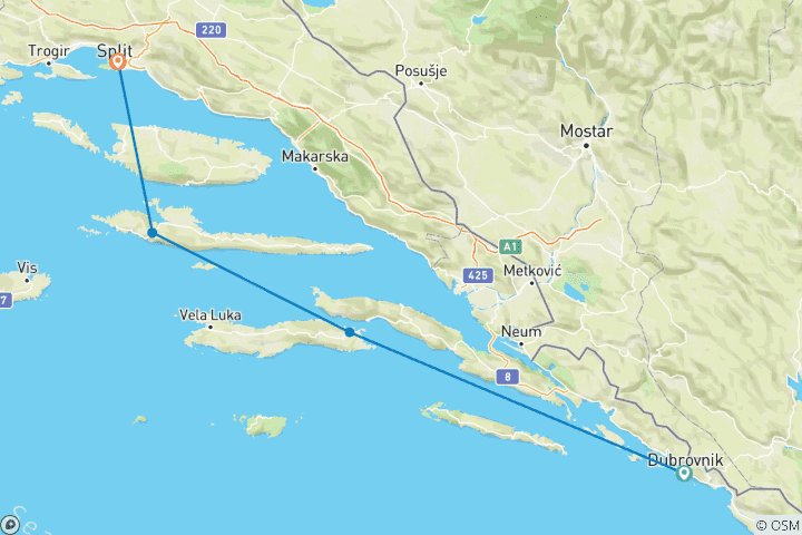 Map of 5-day Dubrovnik to Split, Premier Plus boat, Over 40s