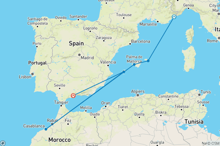 Map of Mediterranean Legacies: From the Balearic Islands to Andalusia - Between Enchanting Islands and Moorish Treasures (port-to-port package)