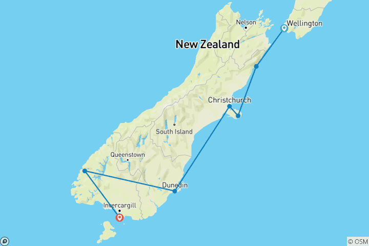 Map of New Zealand Expedition Cruise Wellington → Queenstown (2027)