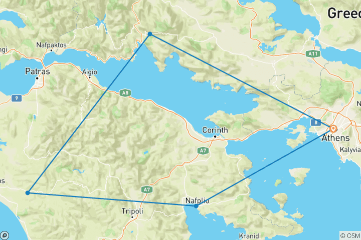 Mapa de 4 días en Grecia continental con Meteora y Nauplia